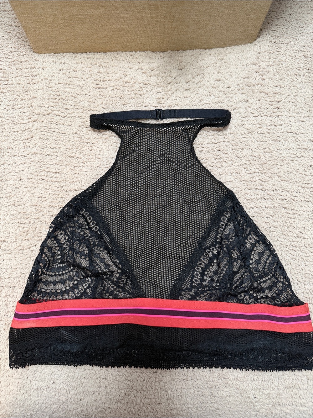 Victoria's Secret Black Lace Halter Bralette with Pink & Red Striped Band
